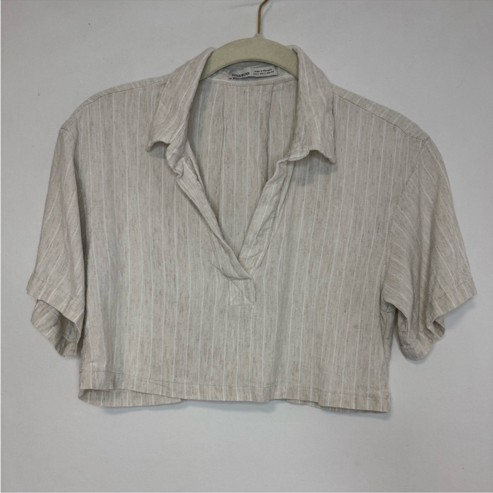 Pull&Bear Women's Cream White Pinstripe Linen Crop Short Sleeve Shirt Size S